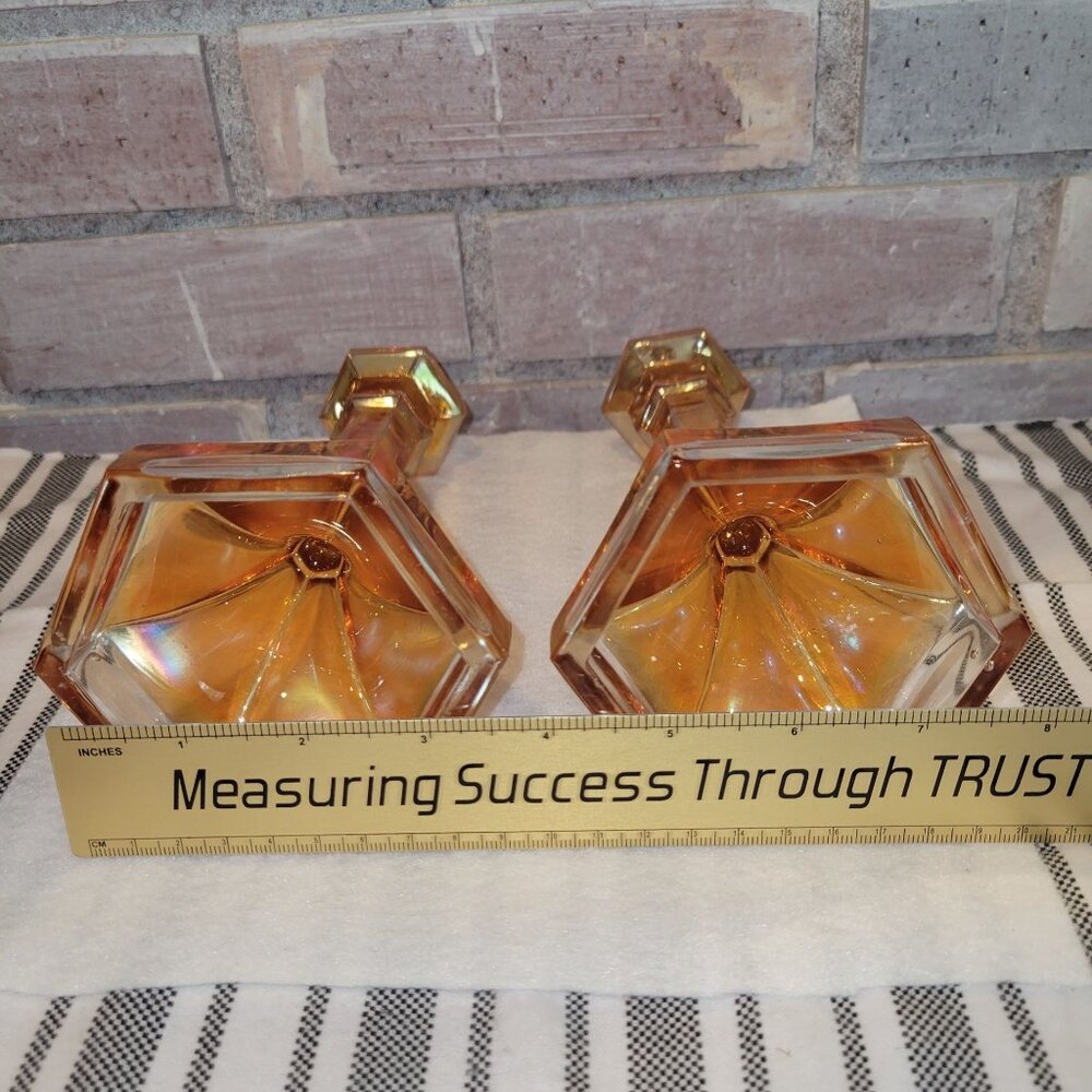Iridescent Amber Glass Candlestick Holders - Pair - Picture 7 of 9